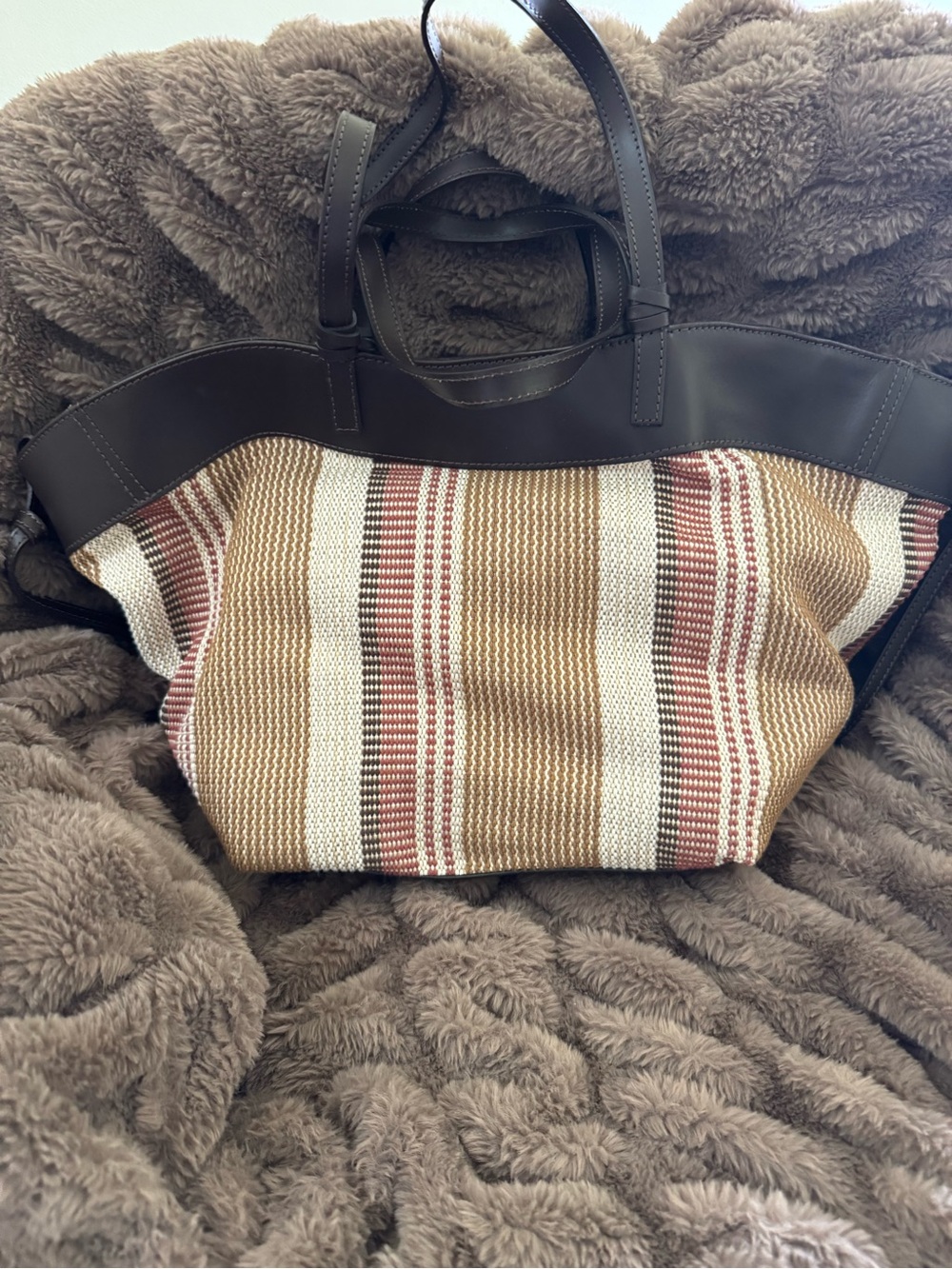 Striped Woven Tote with Dark Brown Trim
